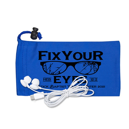 Mobile Tech Earbud Kit in Microfiber Cinch Pouch Components inserted into Microfiber Pouch