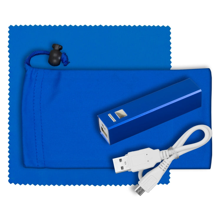 Mobile Tech Metal Power Bank Kit in Microfiber Cinch Pouch Components inserted into Microfiber Pouch