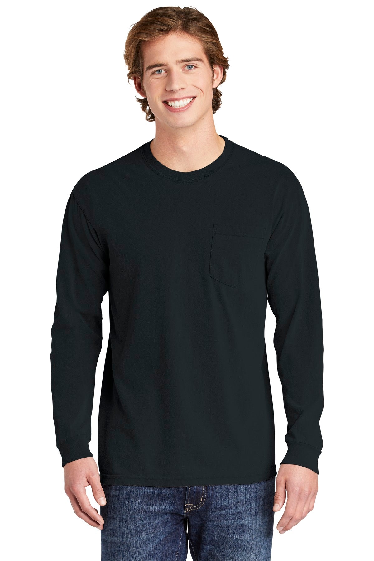 Front View of Black COMFORT COLORS Heavyweight Ring Spun Long Sleeve Pocket Tee. 4410  - S