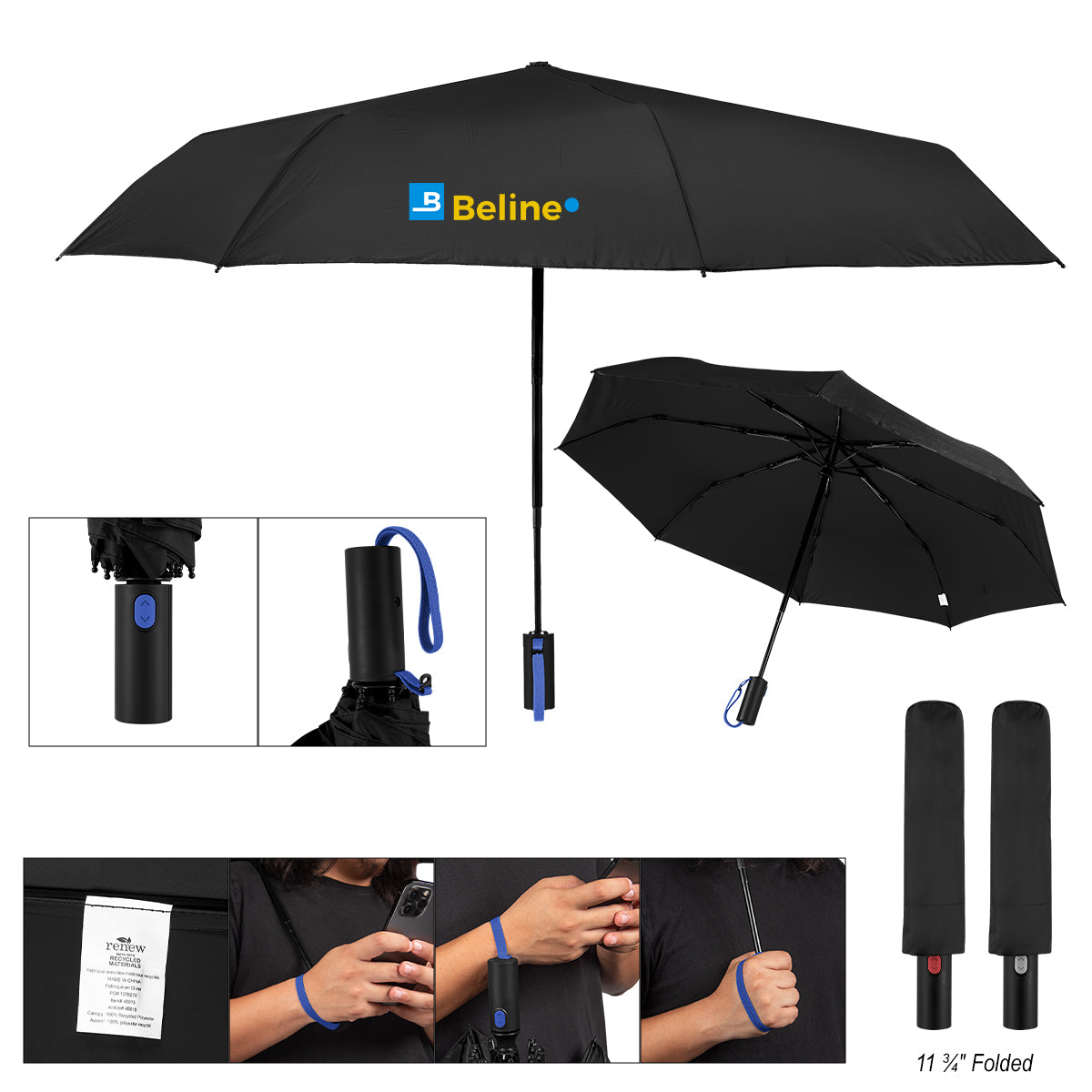 BLACK WITH GRAY 42" Arc rPET Telescopic Folding Umbrella