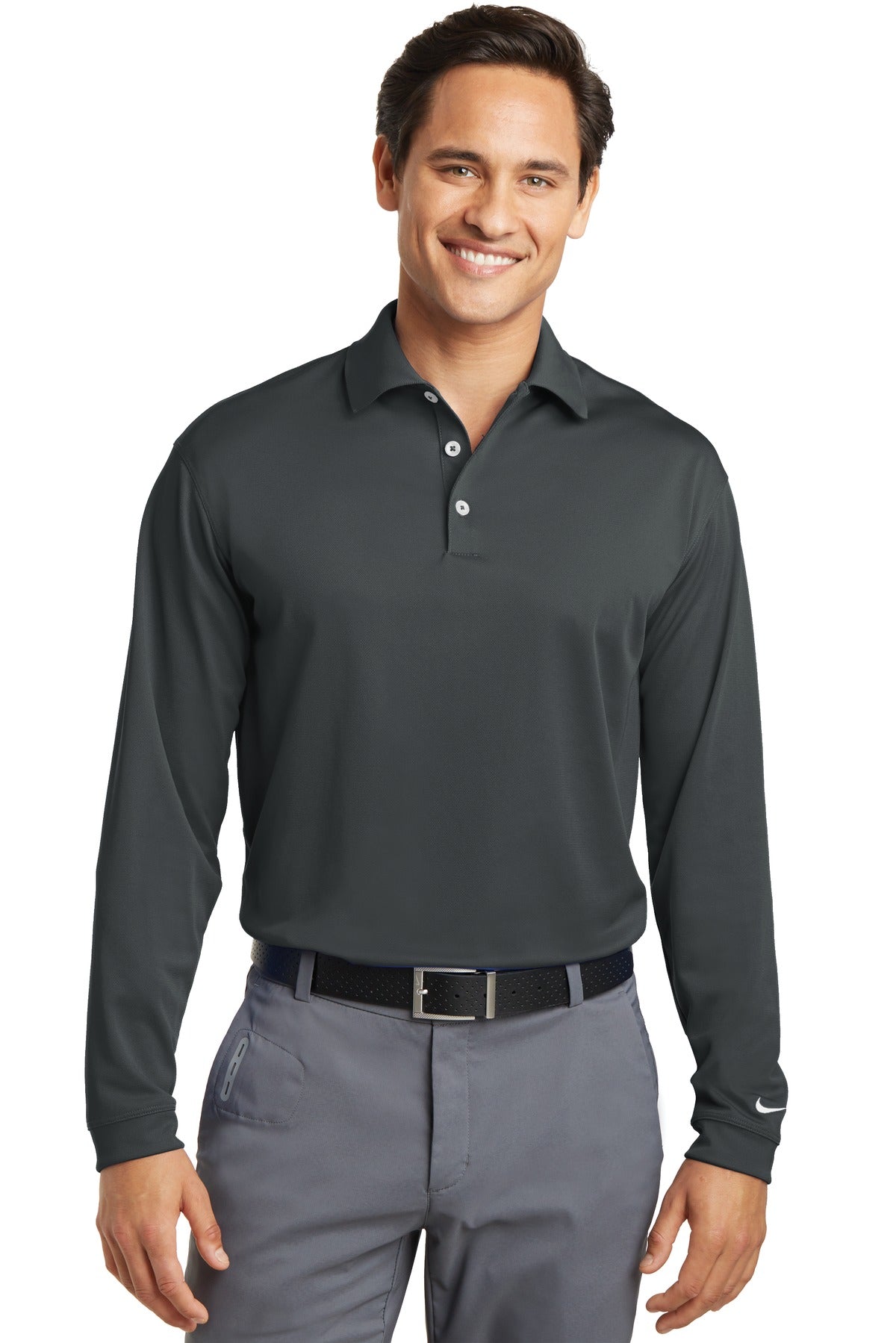 Front View of Anthracite Nike Long Sleeve Dri-FIT Stretch Tech Polo. 466364  - XS