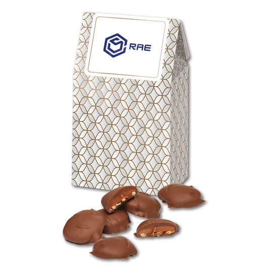 Caramel Pecan Clusters in Silver & Gold Geometric Gable Top Gift Box