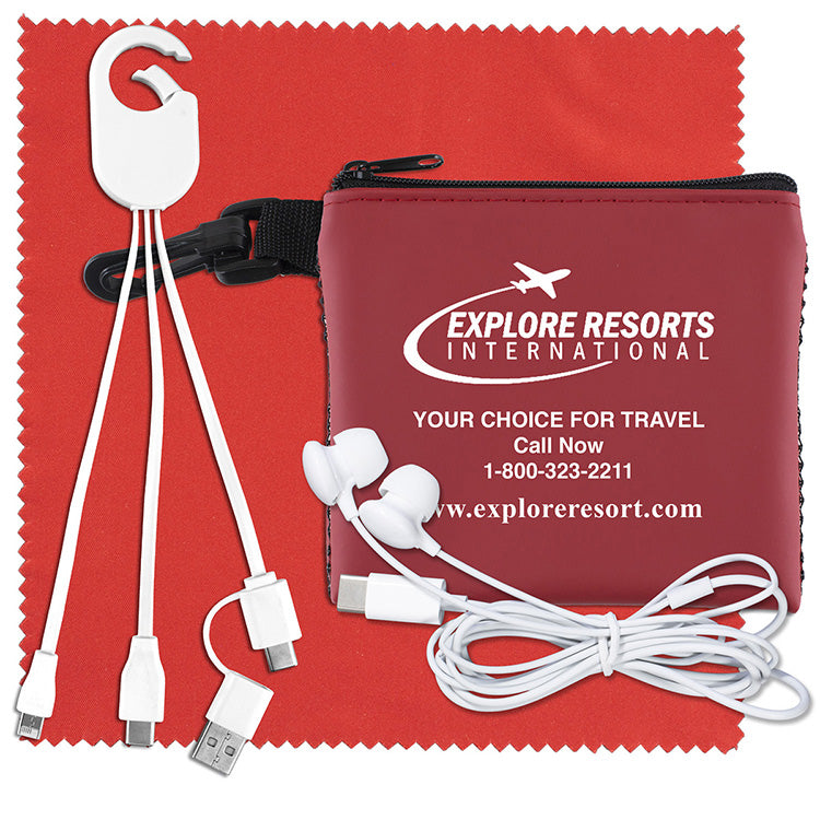 “TechMesh Hang Pro” Mobile Tech Charging Cable Kit in Mesh Zipper Pouch Components inserted into Zip