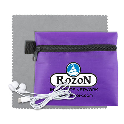 Mobile Tech Earbud Kit with Microfiber Cleaning Cloth In Zipper Pouch