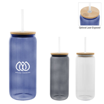 CLEAR 20 Oz. Ribbed Borosilicate Glass Can with Bamboo Lid