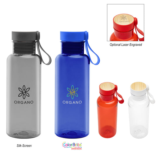 CLEAR 20 Oz. Case rPET Bottle with Bamboo Accent Lid and Silicone Easy Carry Handle