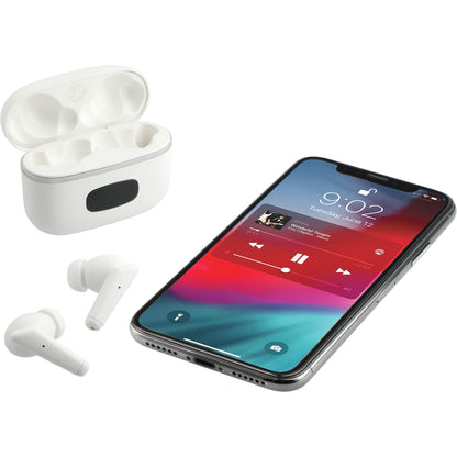 Front View of White Solekick™ True Wireless Auto Pair Earbuds