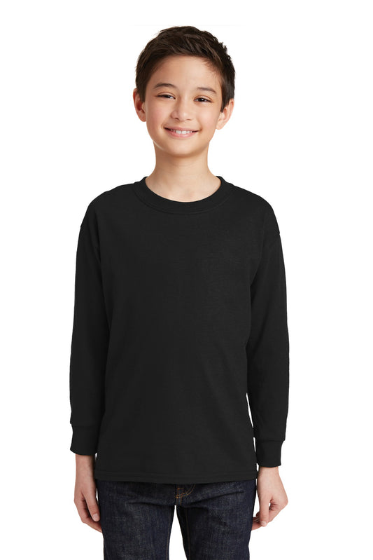 Front View of Black Gildan Youth Heavy Cotton 100% Cotton Long Sleeve T-Shirt. 5400B  - XS