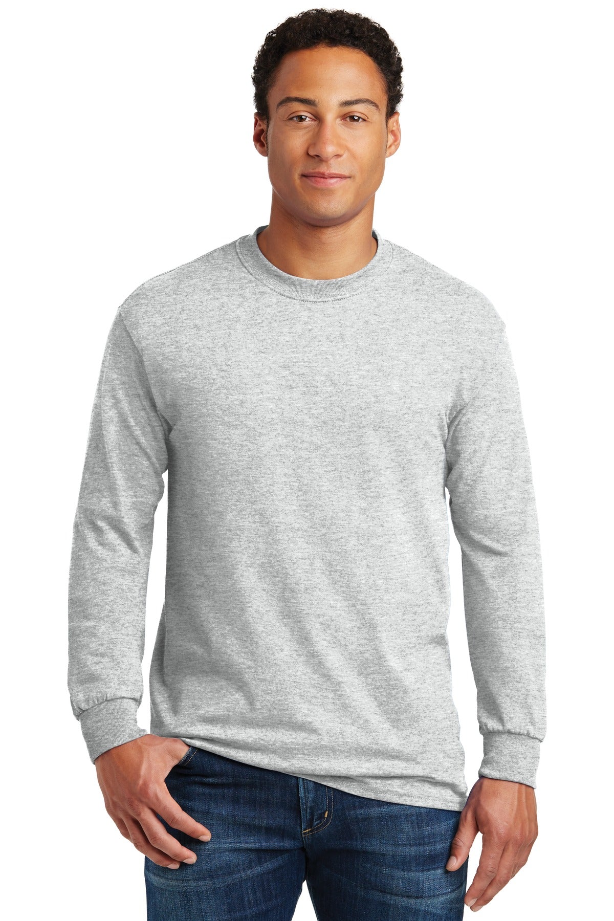 Front View of Ash Gildan - Heavy Cotton 100% Cotton Long Sleeve T-Shirt. 5400  - S