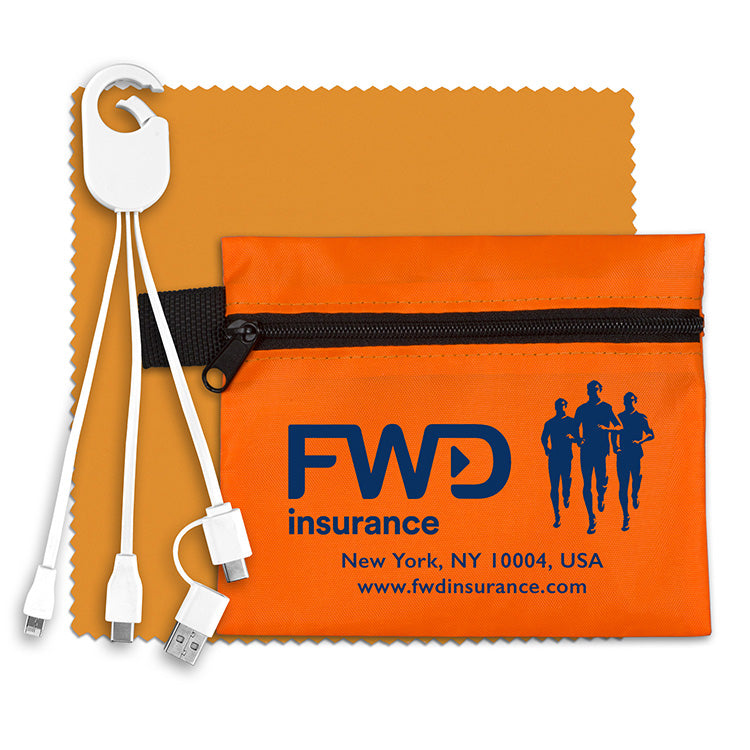 Mobile Tech Charging Cables In Zipper Pouch Components inserted into Polyester Zipper Pouch