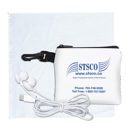 “TechMesh Tunes” Mobile Tech Earbud Kit in Mesh Zipper Pouch Components inserted into Zipper Pouch
