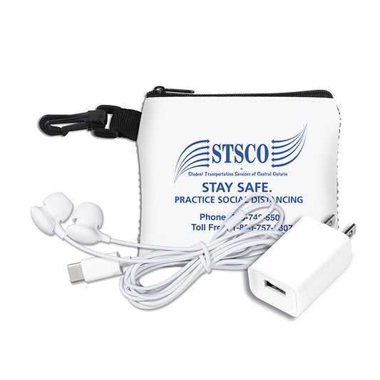 “TechMesh Charge” Mobile Tech Earbud and Charger Kit in Mesh Zipper Pouch Components inserted into Z