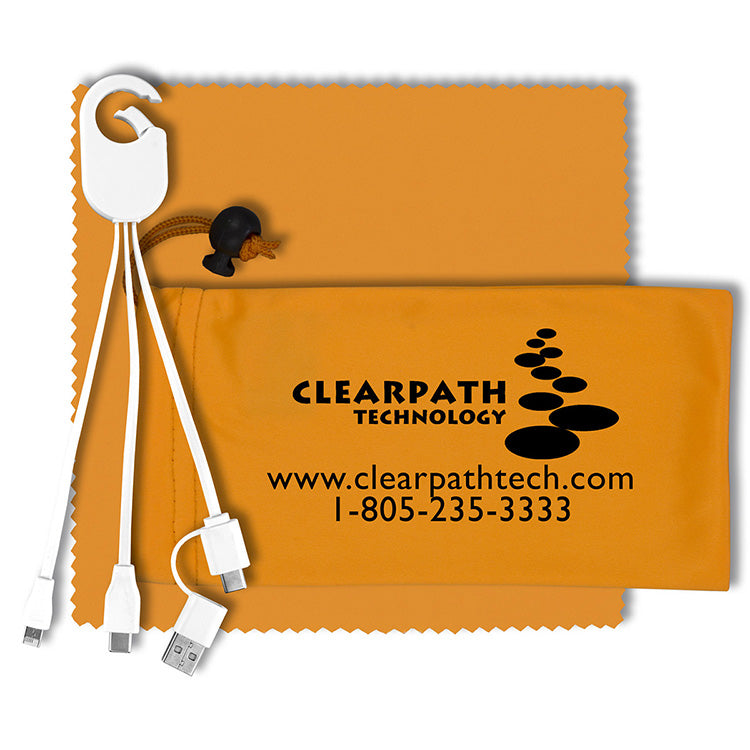 "RECHARGE PACK" Mobile Tech Charging Cable Kit in Microfiber Cinch Pack Components