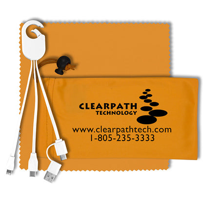 "RECHARGE PACK" Mobile Tech Charging Cable Kit in Microfiber Cinch Pack Components