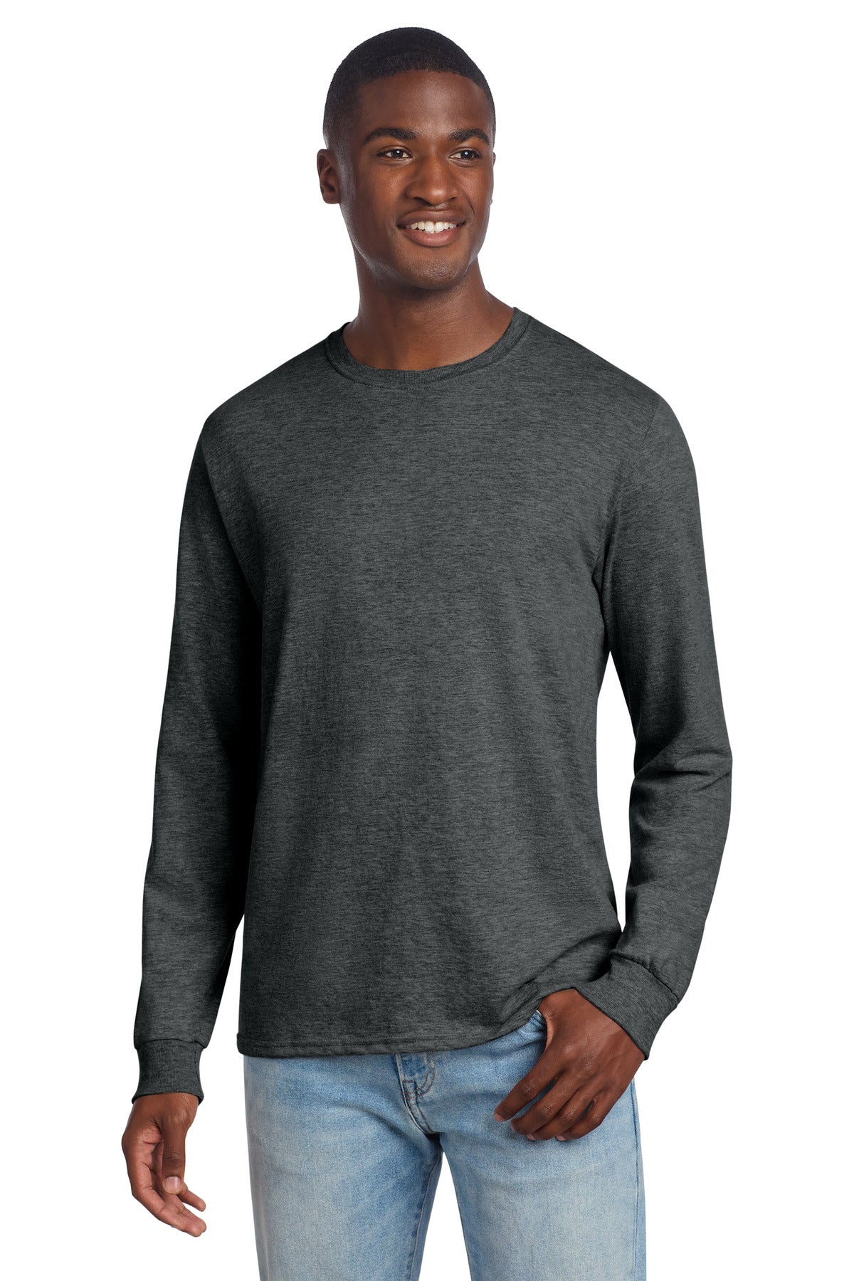 SanMar 560LS_blackinkheather_model_front.jpg