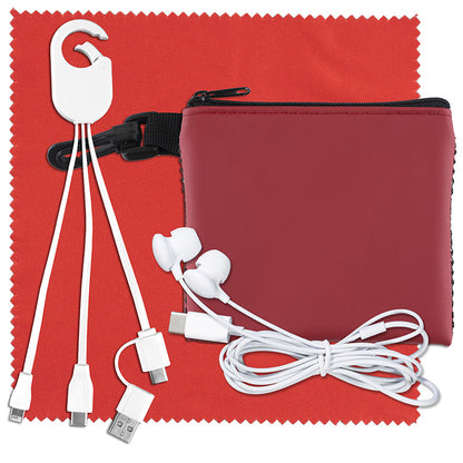 “TechMesh Hang Pro” Mobile Tech Charging Cable Kit in Mesh Zipper Pouch Components inserted into Zip