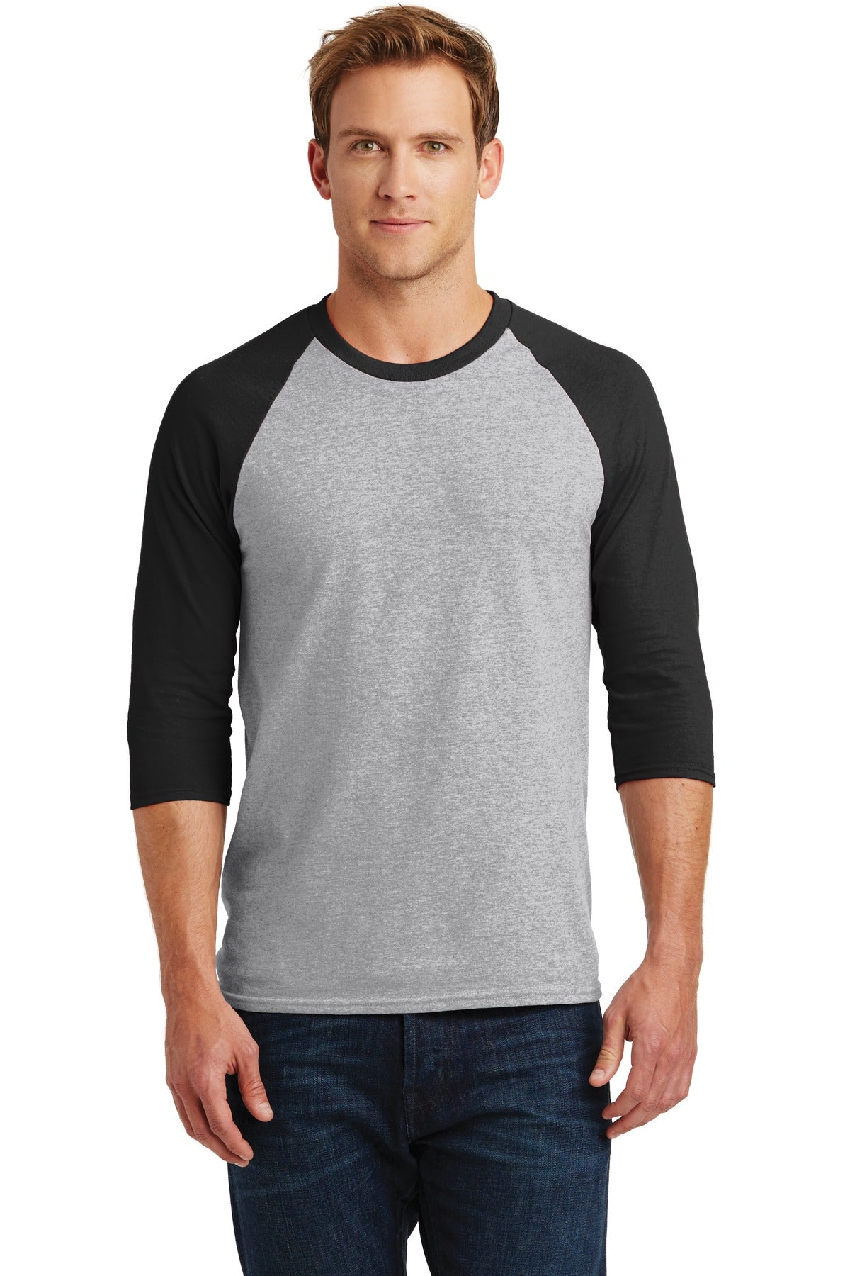Front View of Sport Grey/Blk Gildan Heavy Cotton 3/4-Sleeve Raglan T-Shirt. 5700  - S