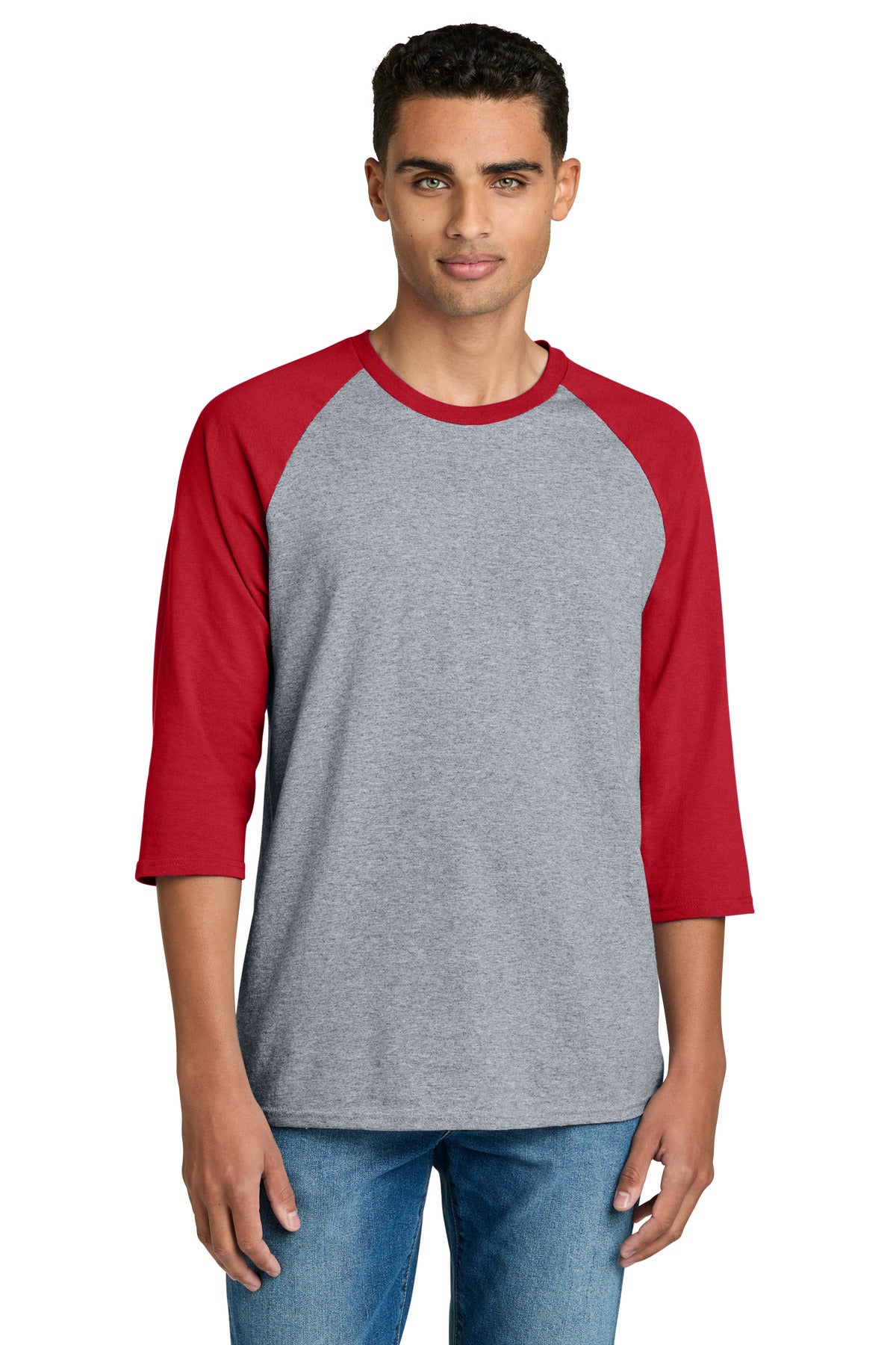 SanMar 5700_sportgreytrimred_model_front.jpg
