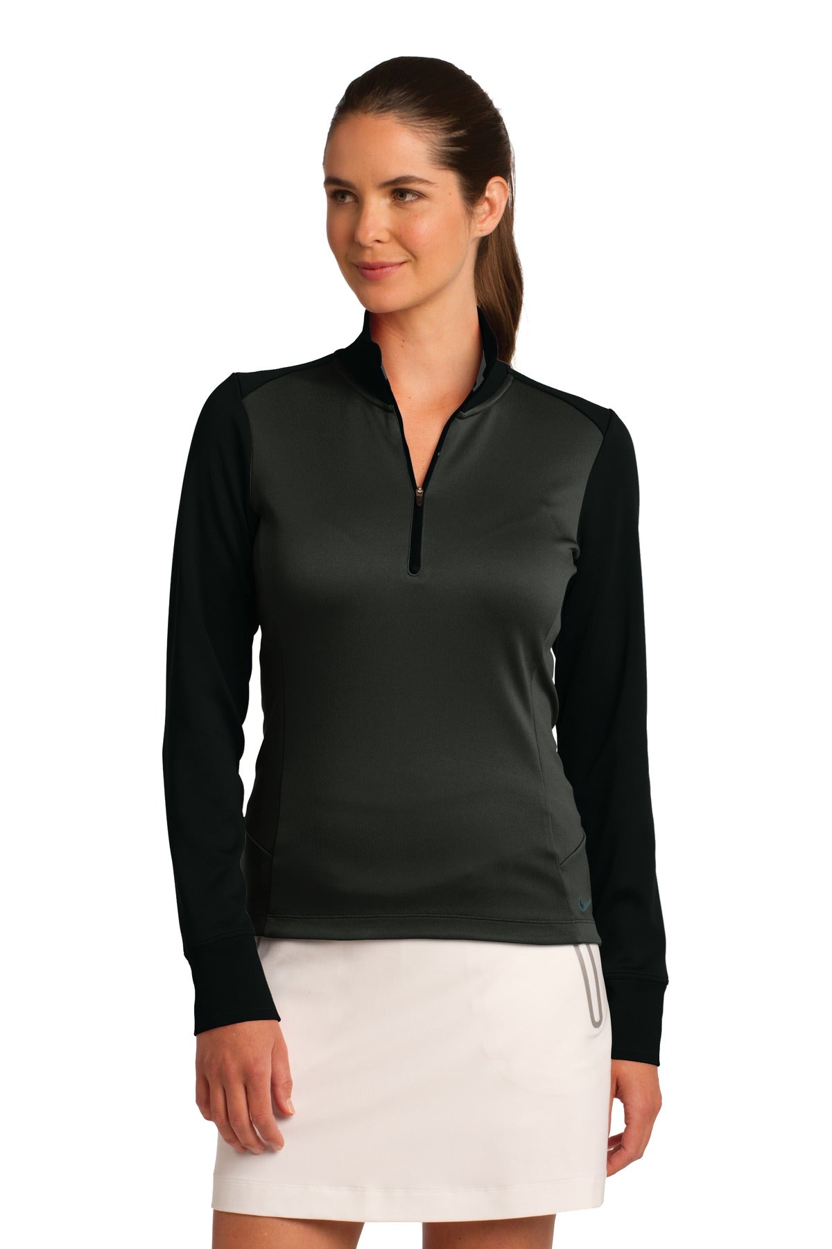 Front View of Anth Hthr/Blk Nike Women's Dri-FIT 1/2-Zip Cover-Up. 578674  - S
