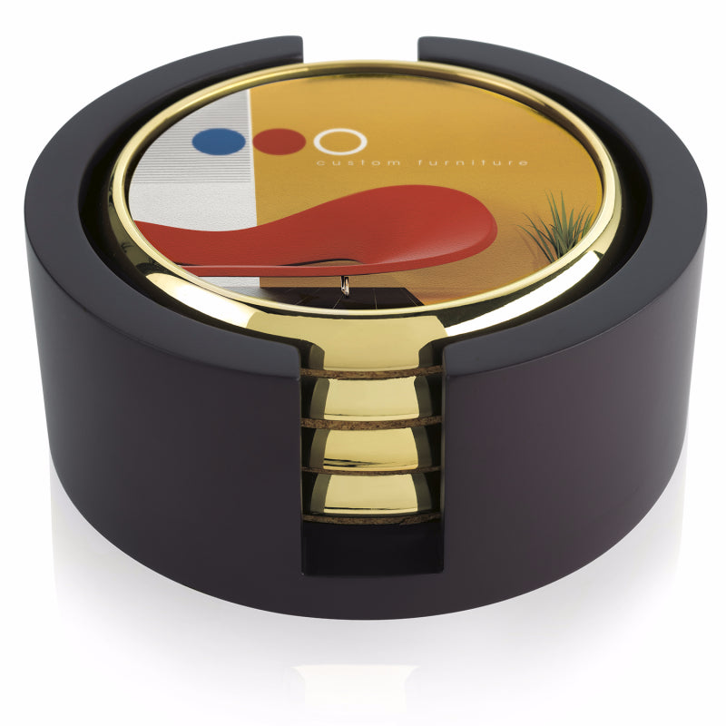 Front View of Wood JAFFA® Four Round Radiant Coasters with Wood Tray