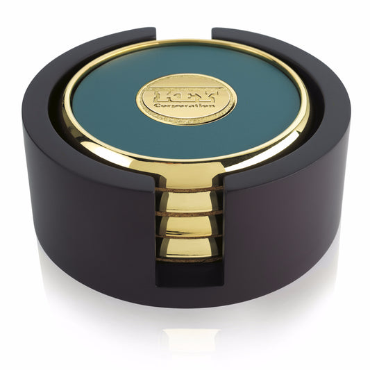 Front View of Wood JAFFA® Four Round Coasters with Wood Tray