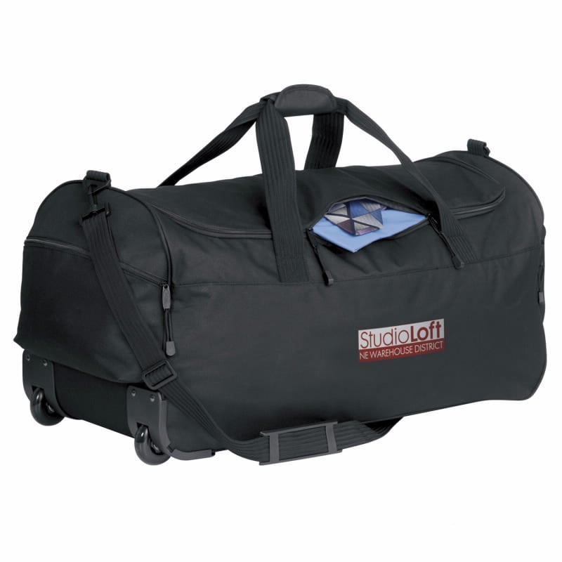 Front View of Black Wheeled Duffel