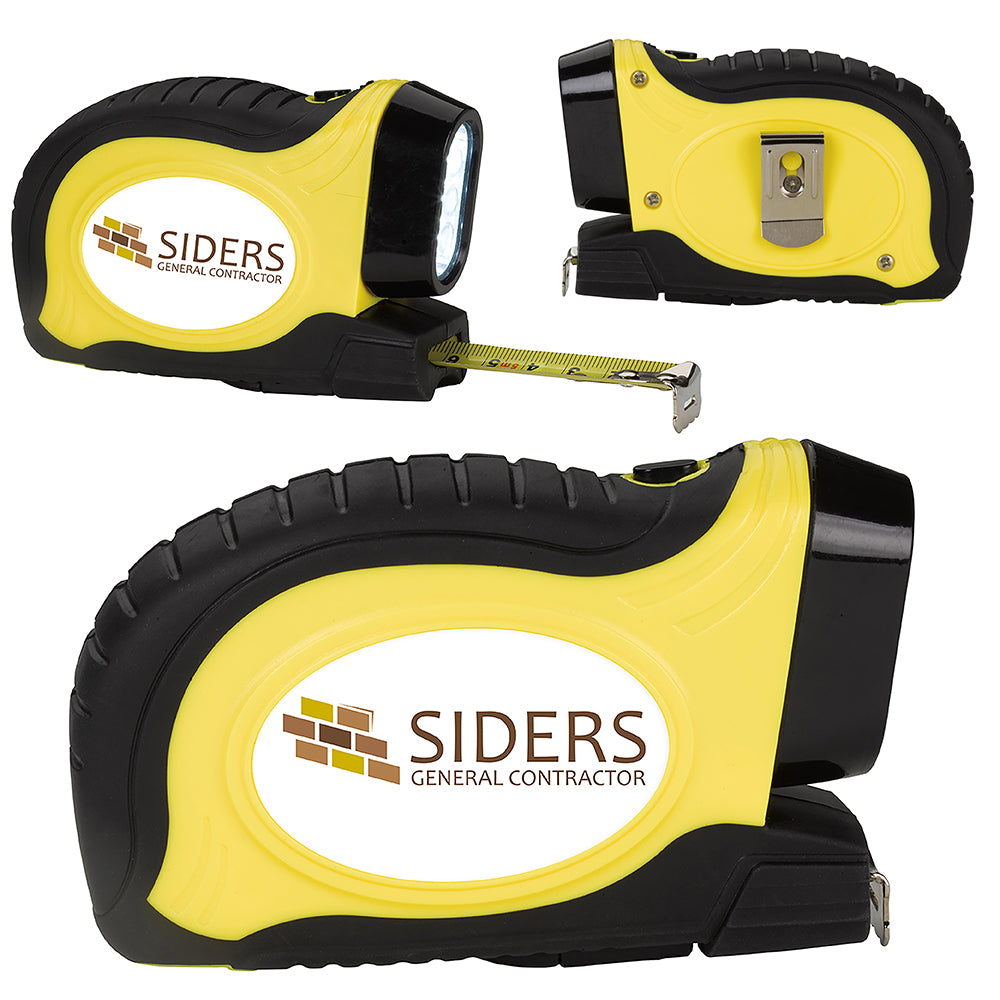 Front View of Yellow Tape Measure with LED Flashlight