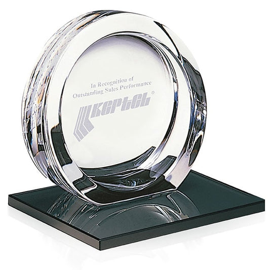 Front View of Clear MARIO CIONI High Tech Award on Black Glass Base - Large