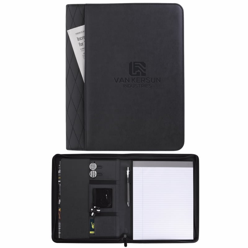 Front View of Black Stitch Zippered Padfolio