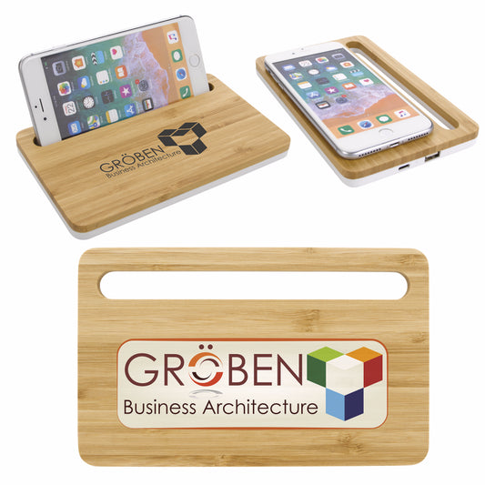 Front View of Natural Bamboo Wireless Charging Pad with Phone Stand