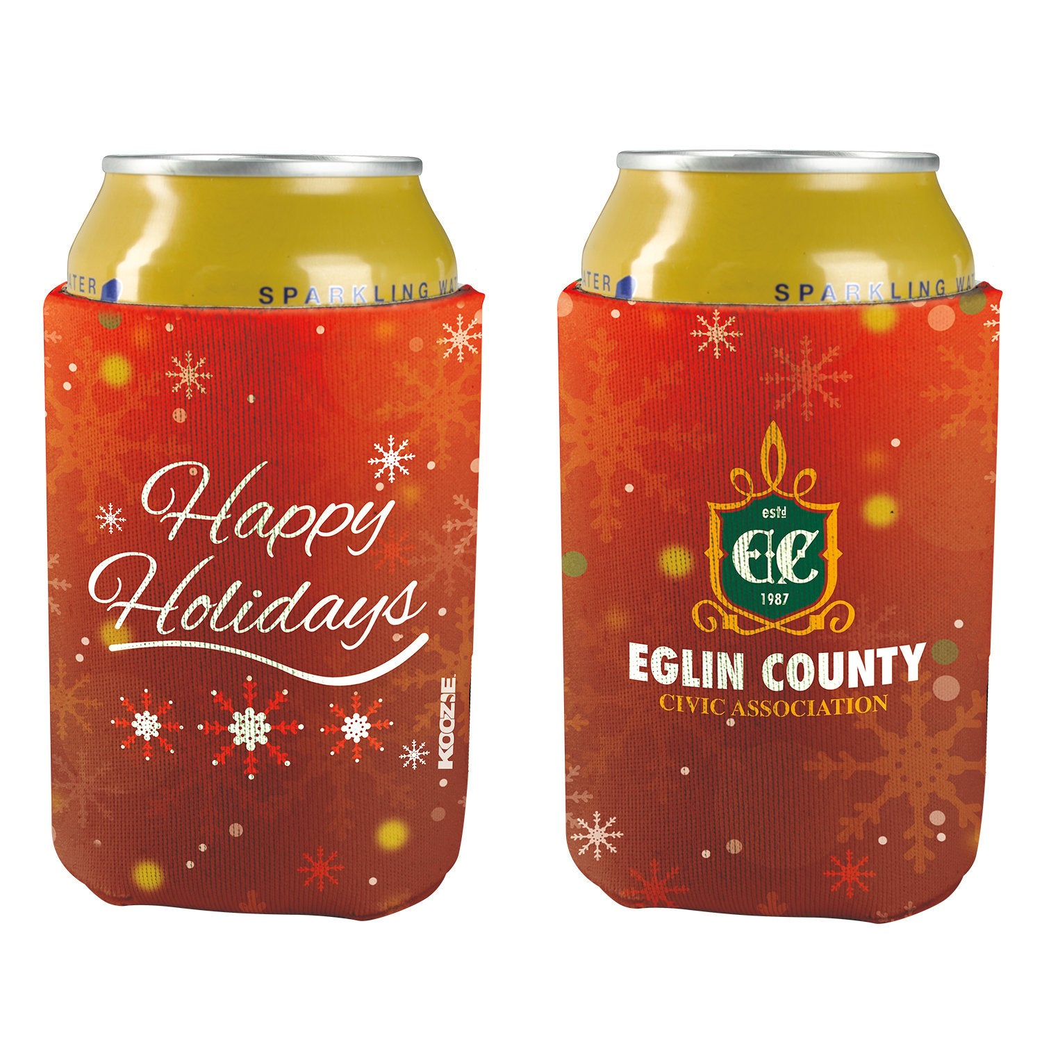Front View of White Koozie® britePix® Holiday Can Cooler