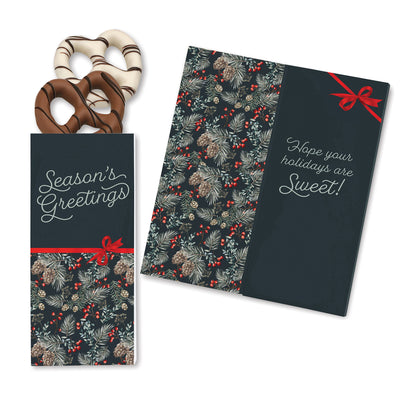 One Color Foil-Stamped Stock Pine Boughs & Berries Sweeter Cards with Chocolate Dipped Pretzels
