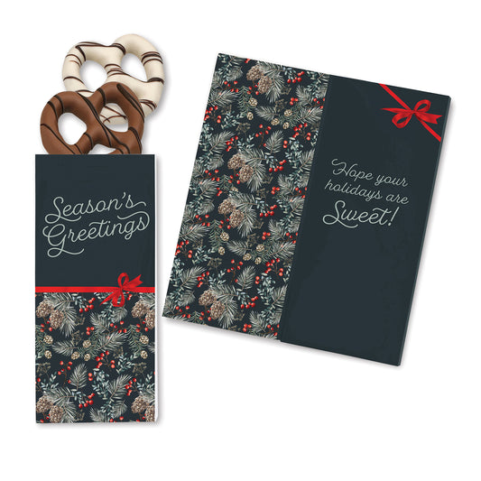 One Color Foil-Stamped Stock Pine Boughs & Berries Sweeter Cards with Chocolate Dipped Pretzels