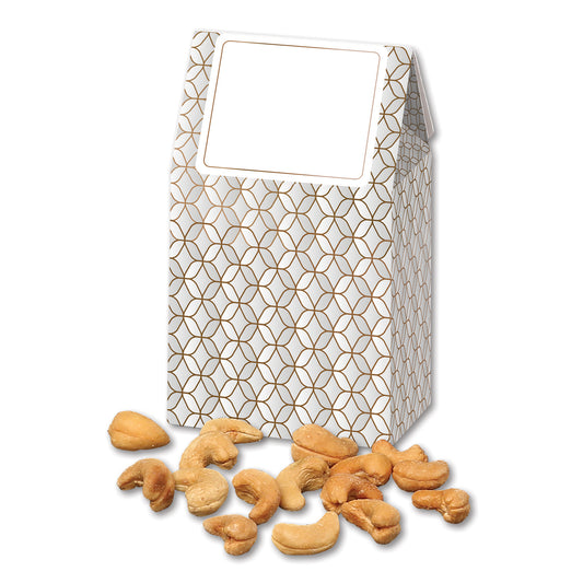 Fancy Cashews in Silver & Gold Geometric Gable Top Gift Box