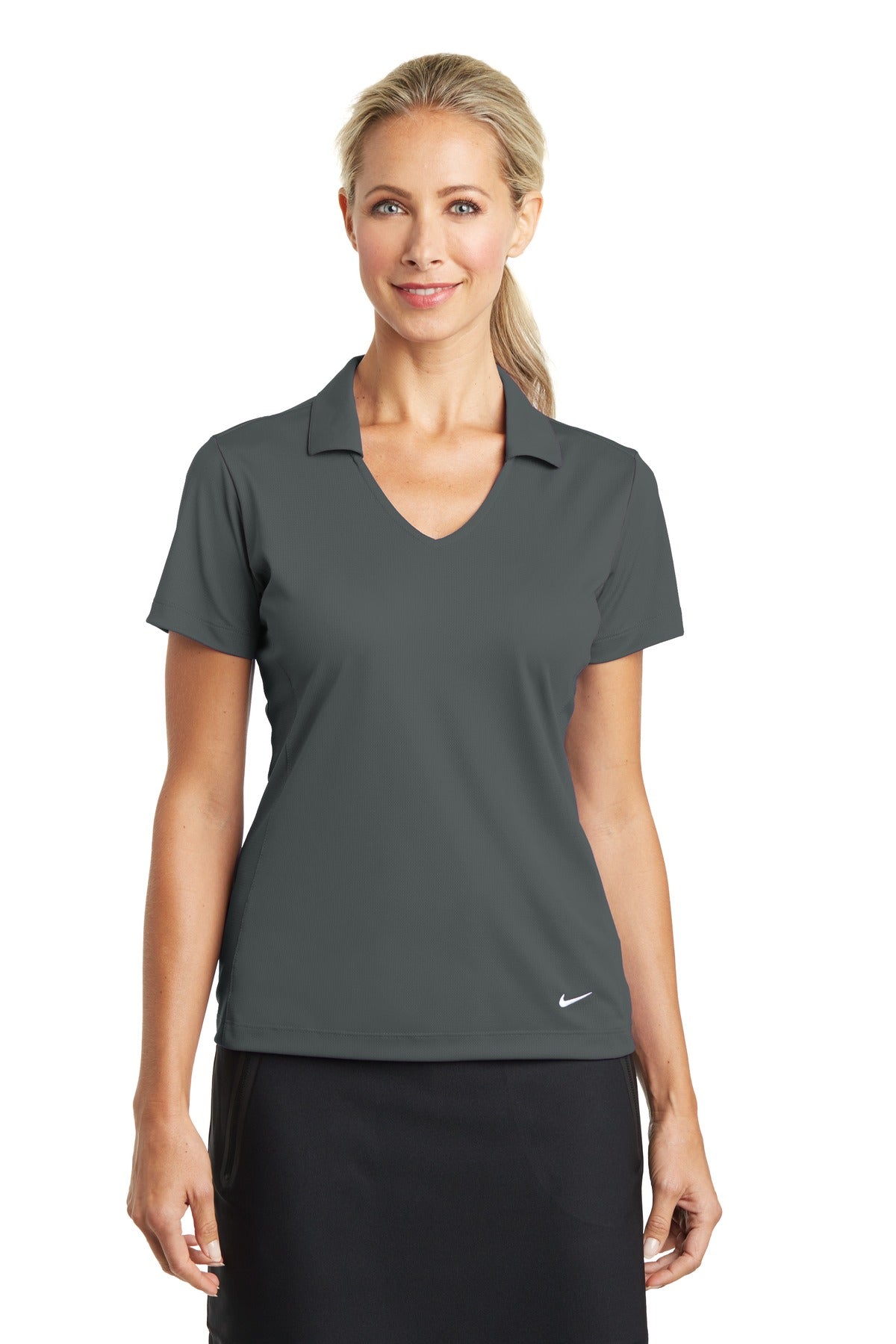 Front View of Anthracite Nike Women's Dri-FIT Vertical Mesh Polo. 637165  - S
