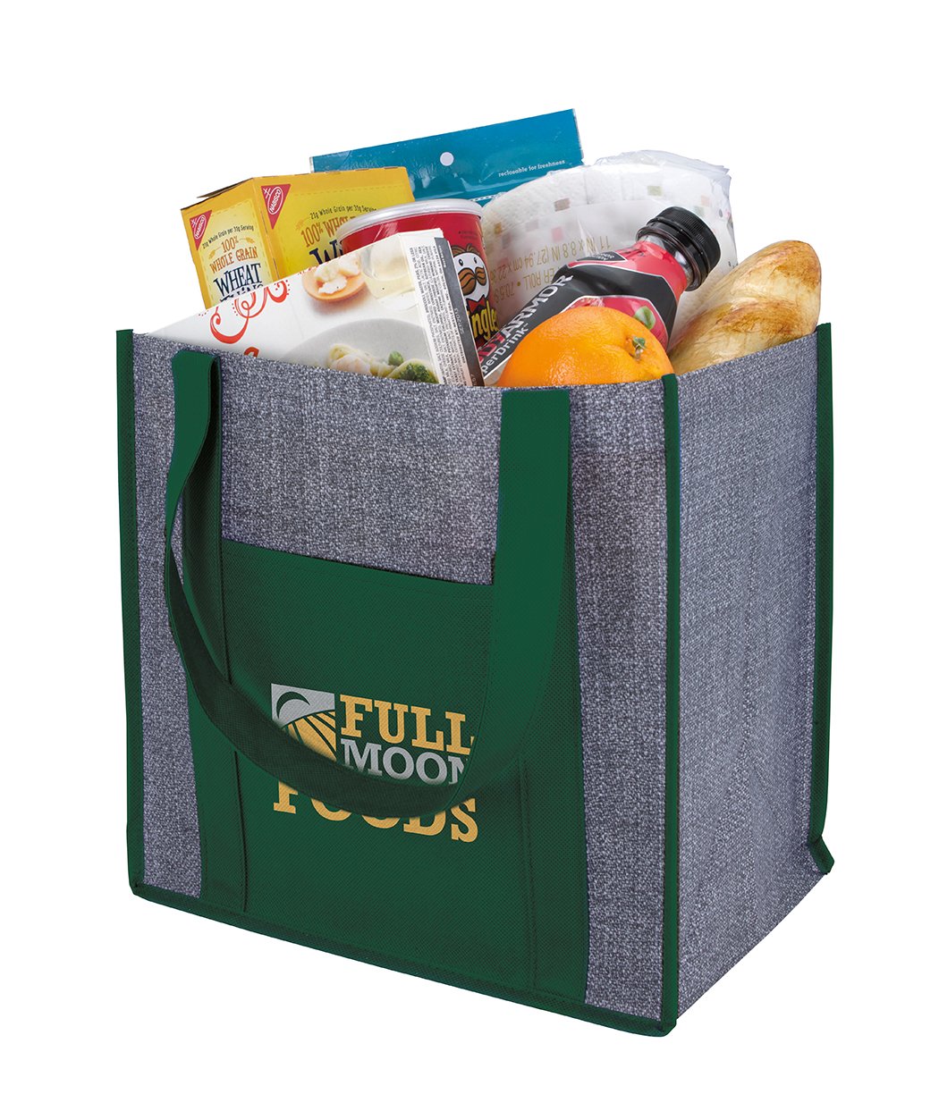 Front View of Black Good Value™ Laminated Heathered Non-Woven Grocery Tote