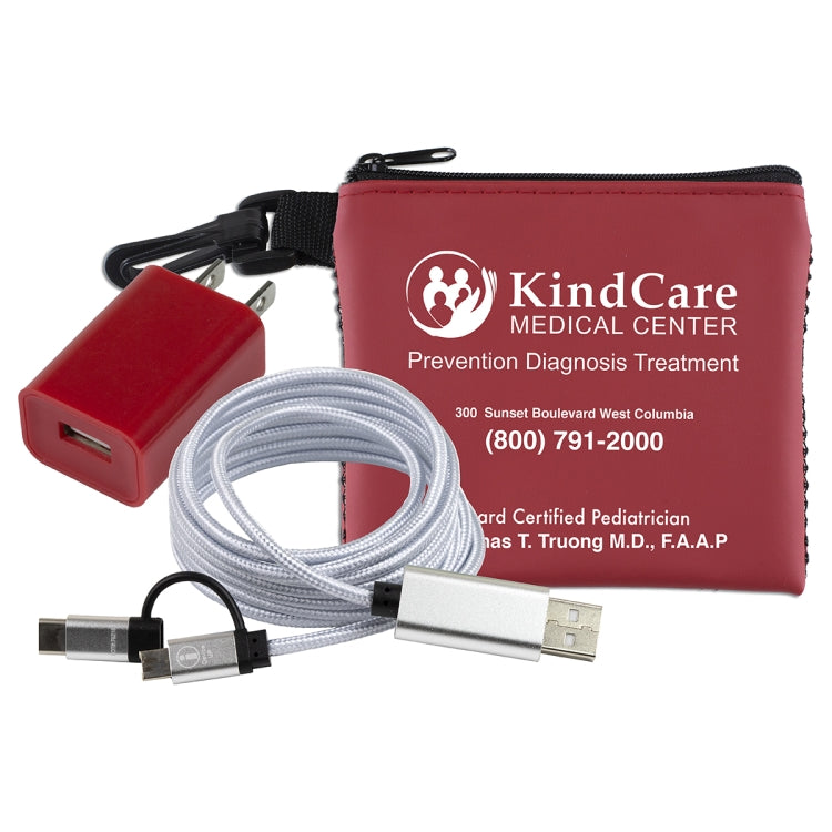 “TechMesh Pro” Mobile Tech Charging Cable Kit in Mesh Zipper Pouch Components inserted into Zipper P