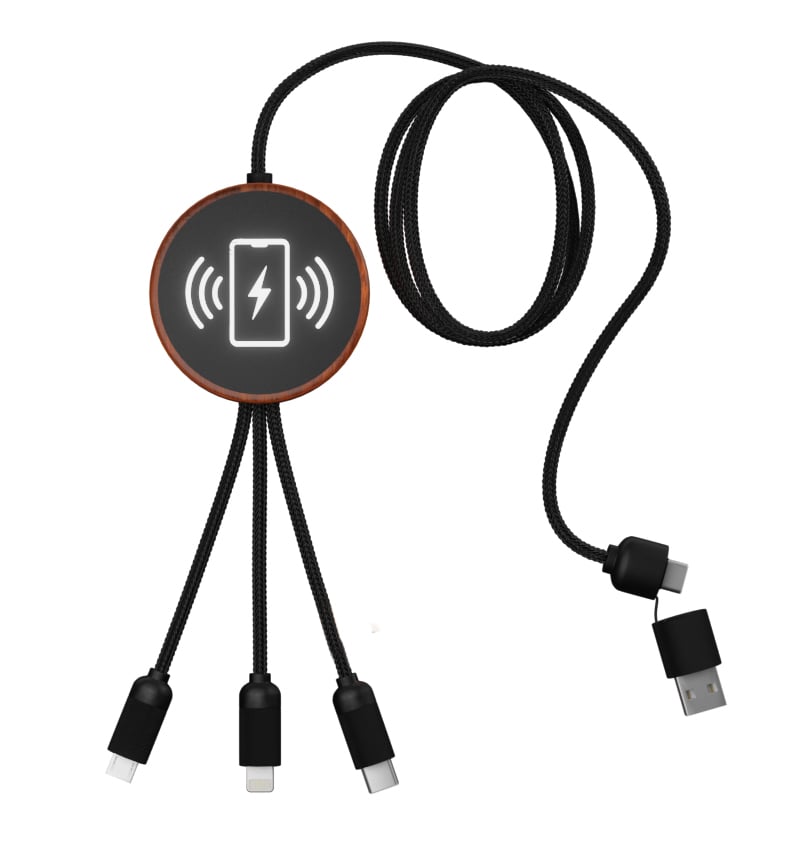 Front View of Black SCX Innovative Design™ 5-in-1 Bamboo 5W Wireless Charging Cable