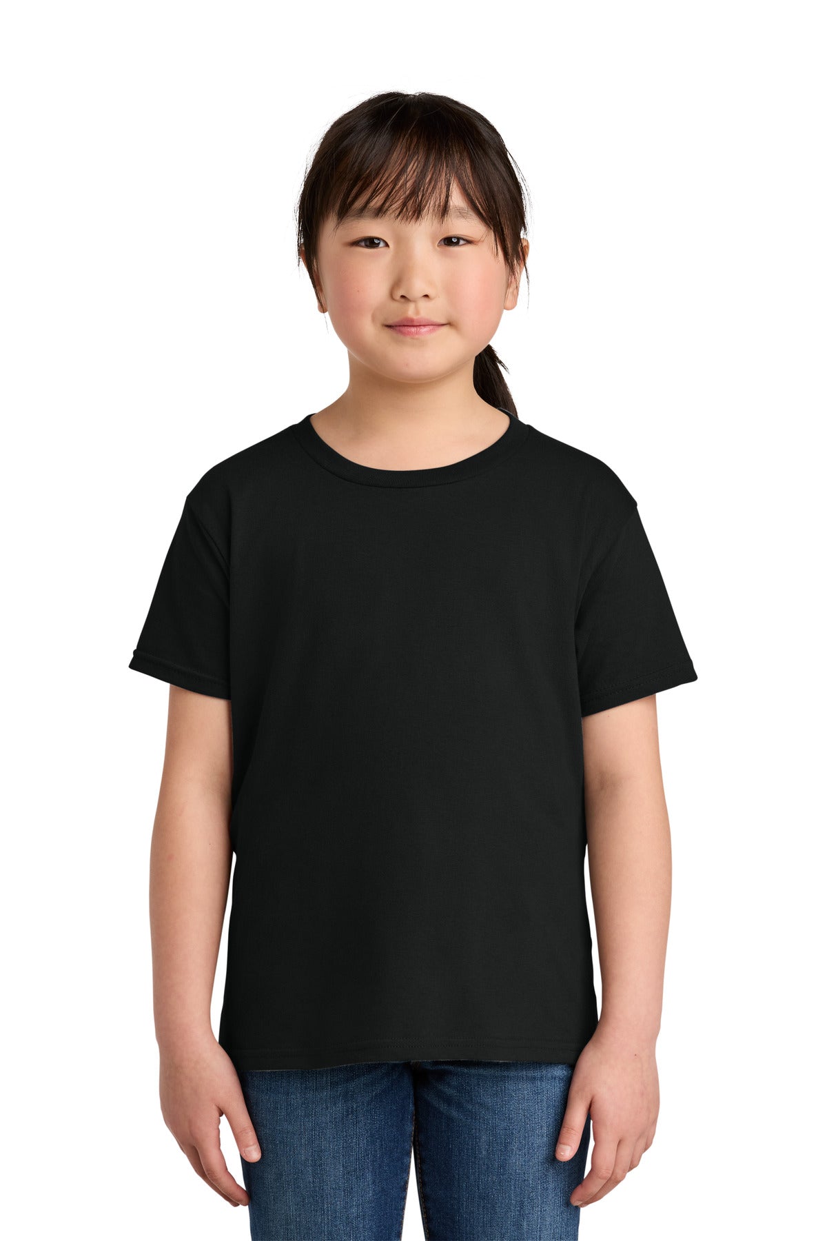 Front View of Black Gildan Youth Softstyle T-Shirt 64000B  - XS