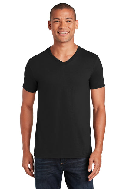 Front View of Black Gildan Softstyle V-Neck T-Shirt. 64V00  - XS