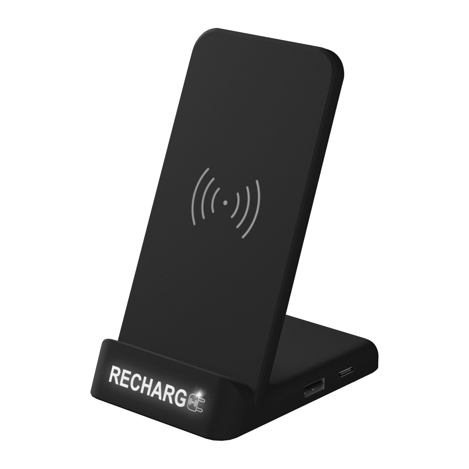 Front View of Black 5W Wireless Charging Station with Light-Up Logo