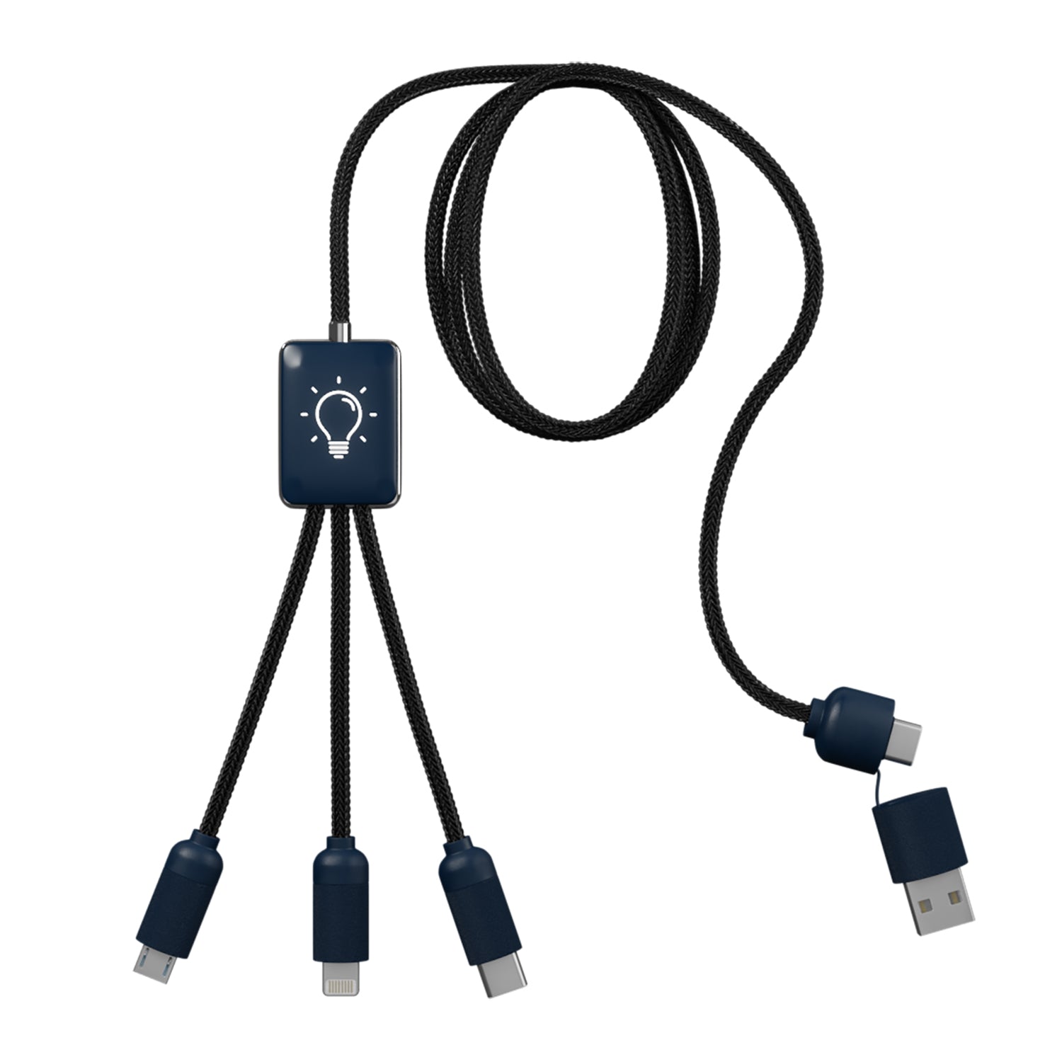 Front View of Black 5-in-1 Charging Cable with Light-Up Logo