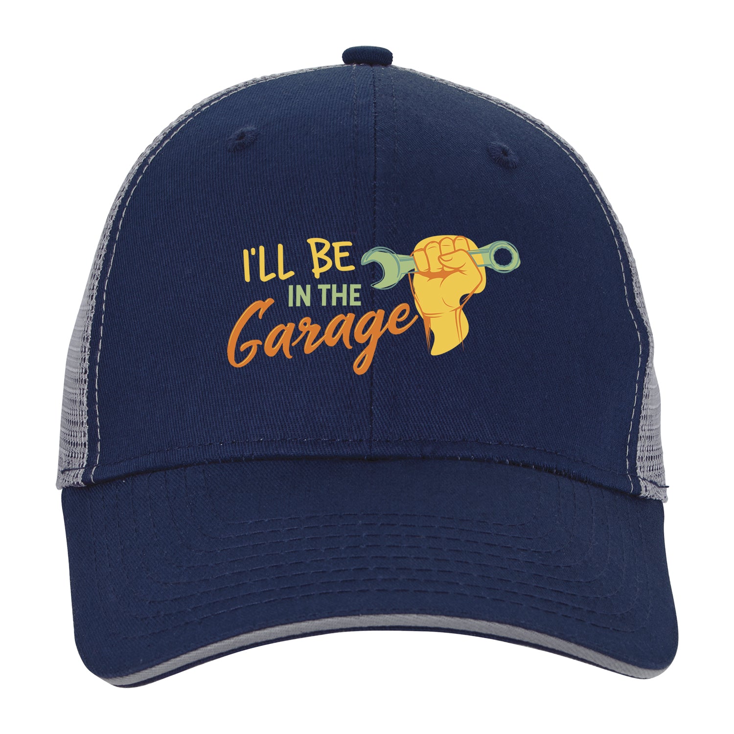 Front View of Black/Blaze/White Roadster Trucker Cap with Sandwich