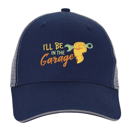 Front View of Black/Blaze/White Roadster Trucker Cap with Sandwich