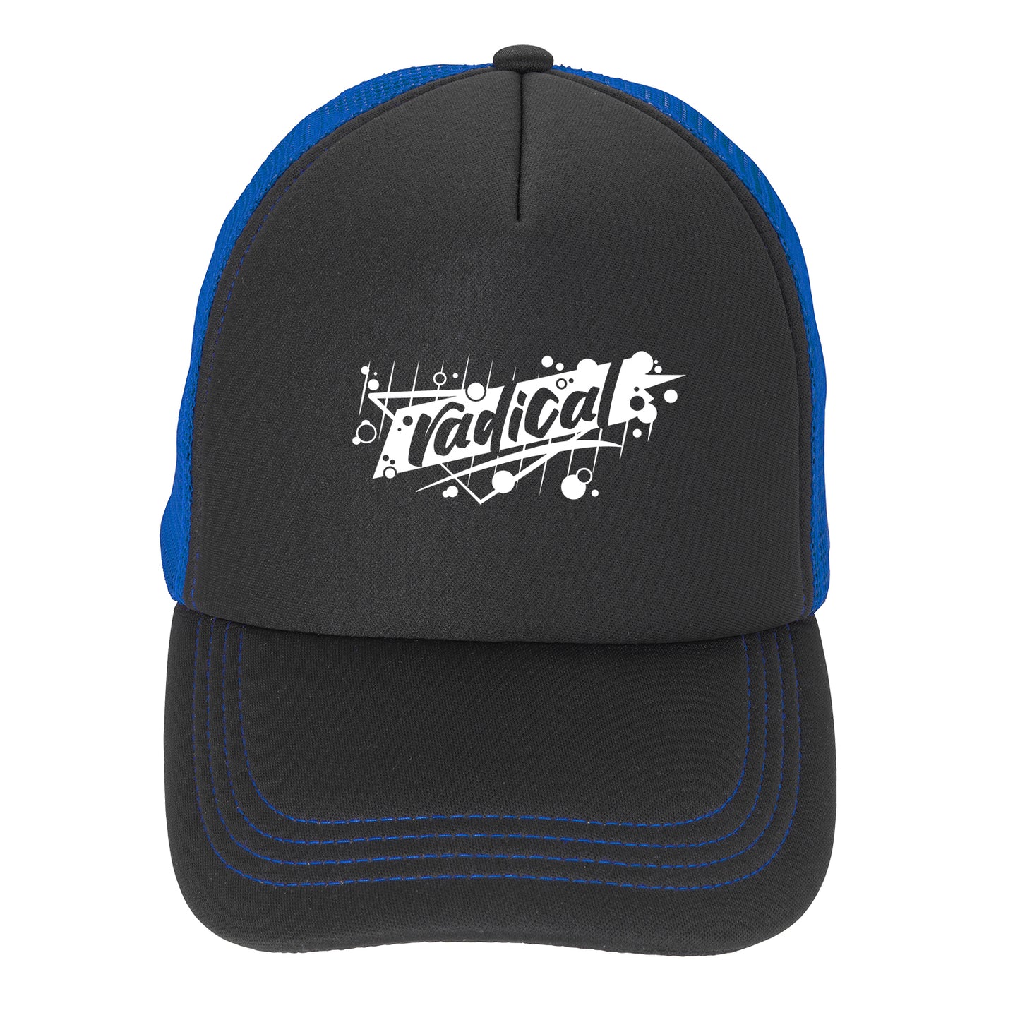 Front View of Black/Blue/Blue Foam Trucker Cap