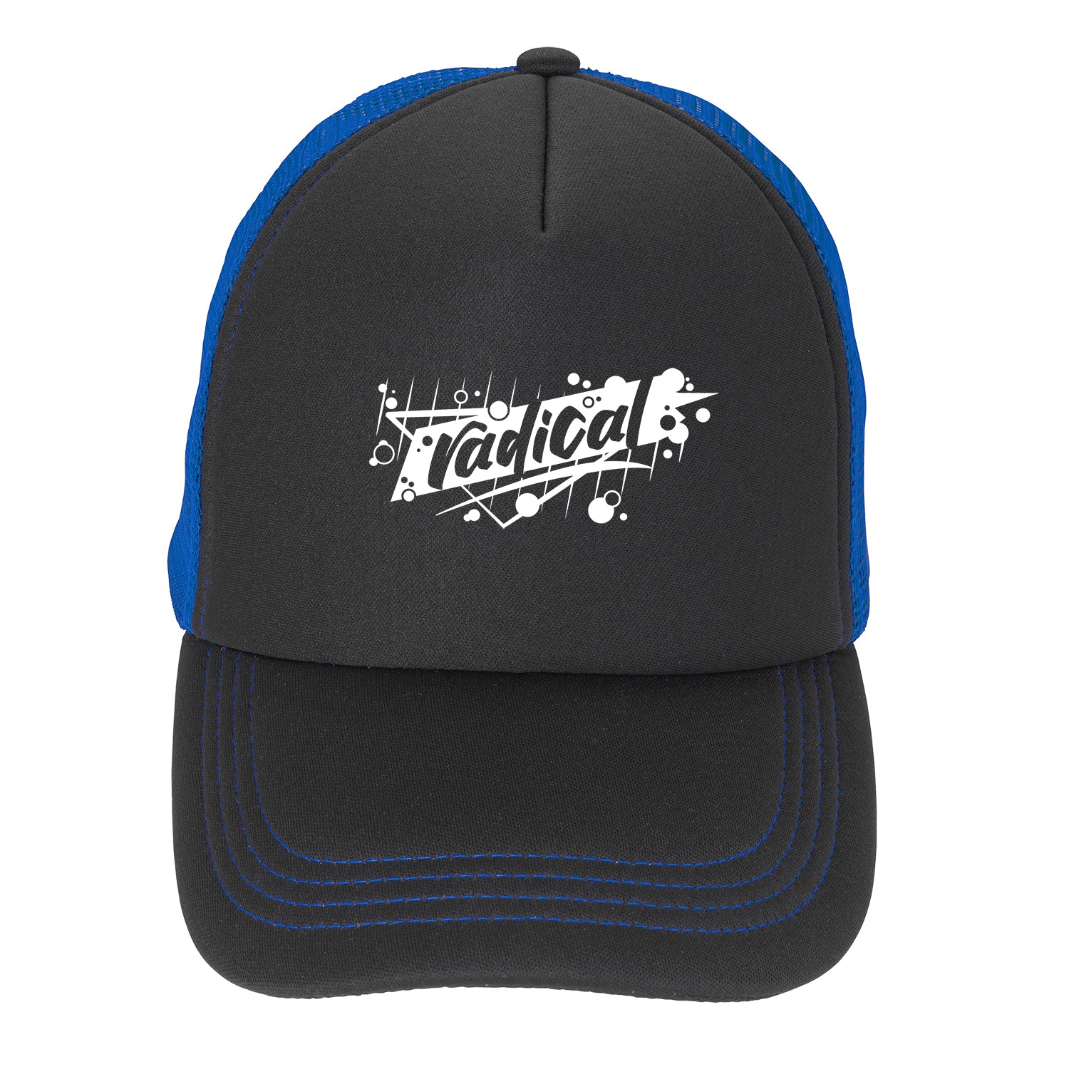 Front View of Black/Blue/Blue Foam Trucker Cap