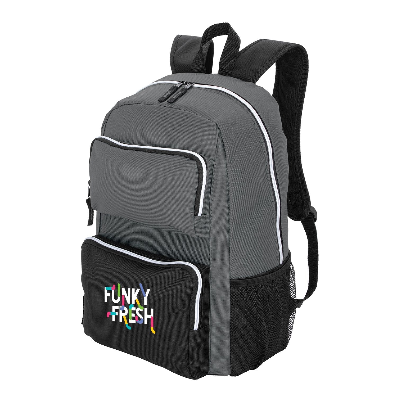 Front View of Gray RPET Double-Pocket Computer Backpack