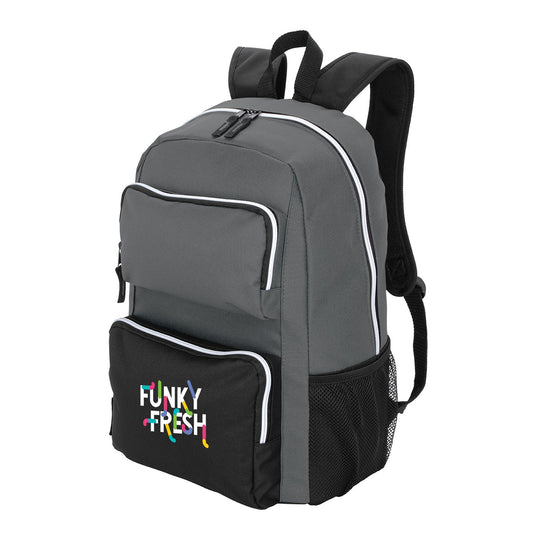 Front View of Gray RPET Double-Pocket Computer Backpack