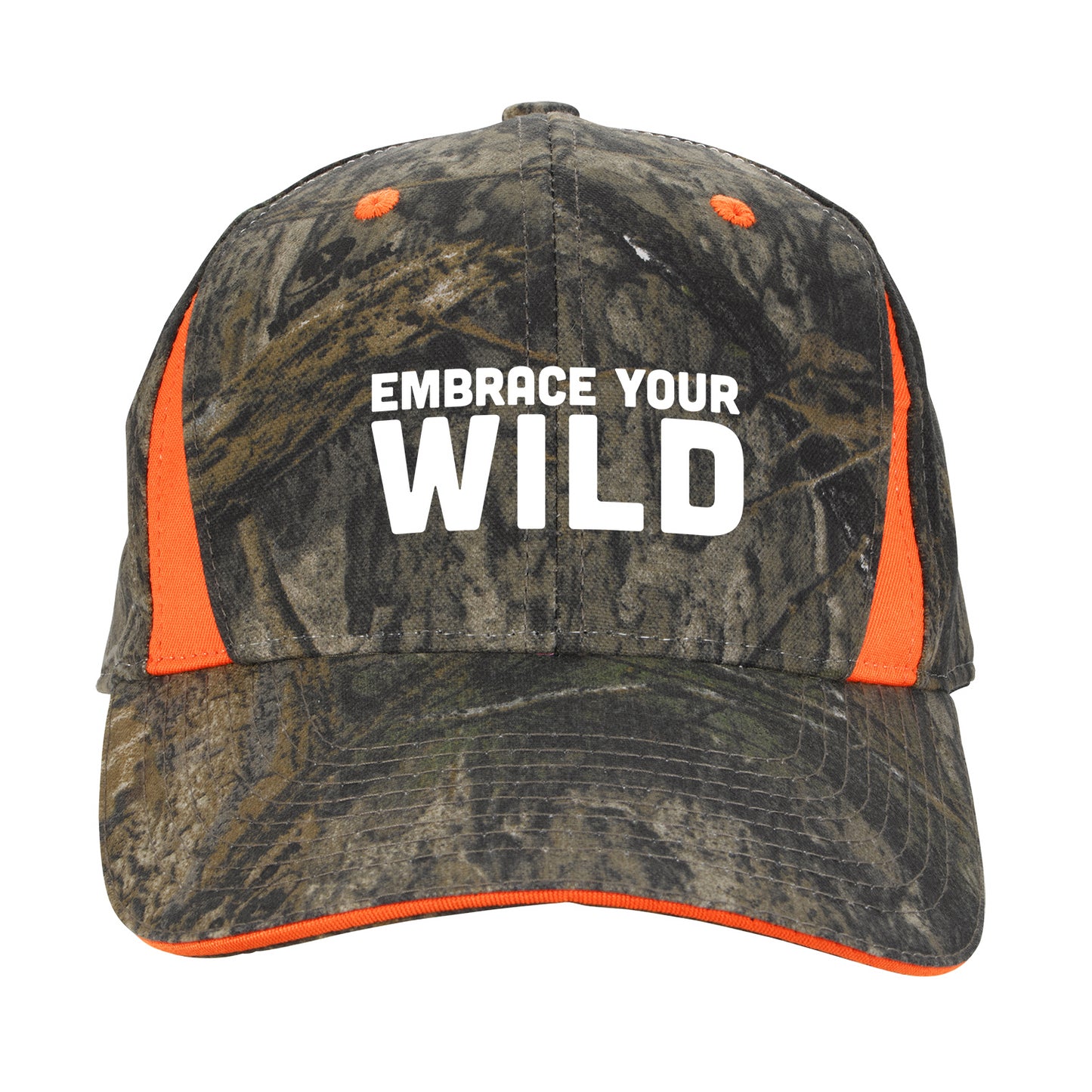 Front View of Mossy Oak Country/Blaze Camo Cap With Blaze Inserts