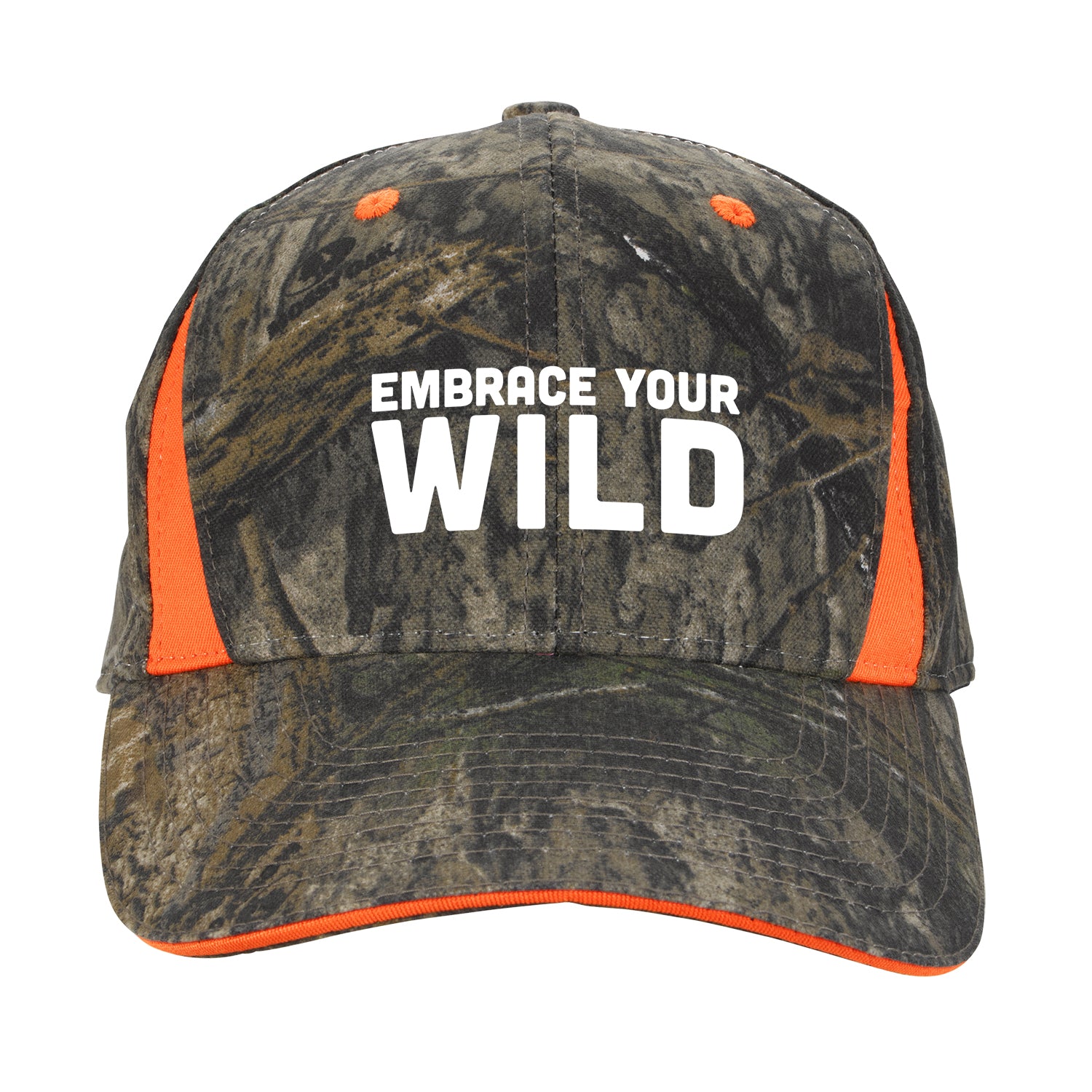Front View of Mossy Oak Country/Blaze Camo Cap With Blaze Inserts